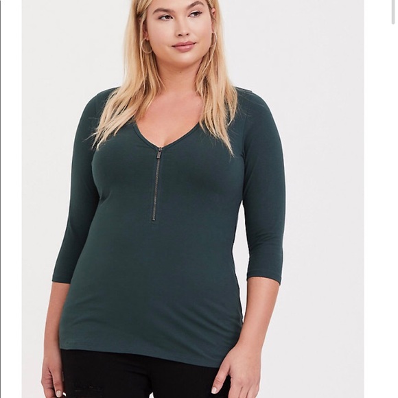 Torrid Dark Green Zip V-Neck Foxy Fitted Tee